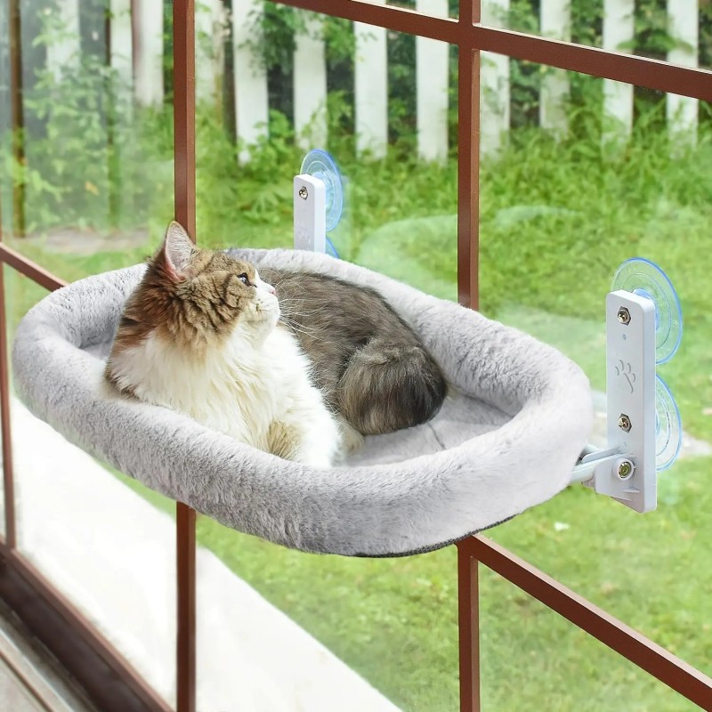 Cordless Cat Window Perch Solid Metal Frame 4 Strong Suction Cups Foldable Indoor Cat Hammock Wall Two Replaceable Beds for Pets